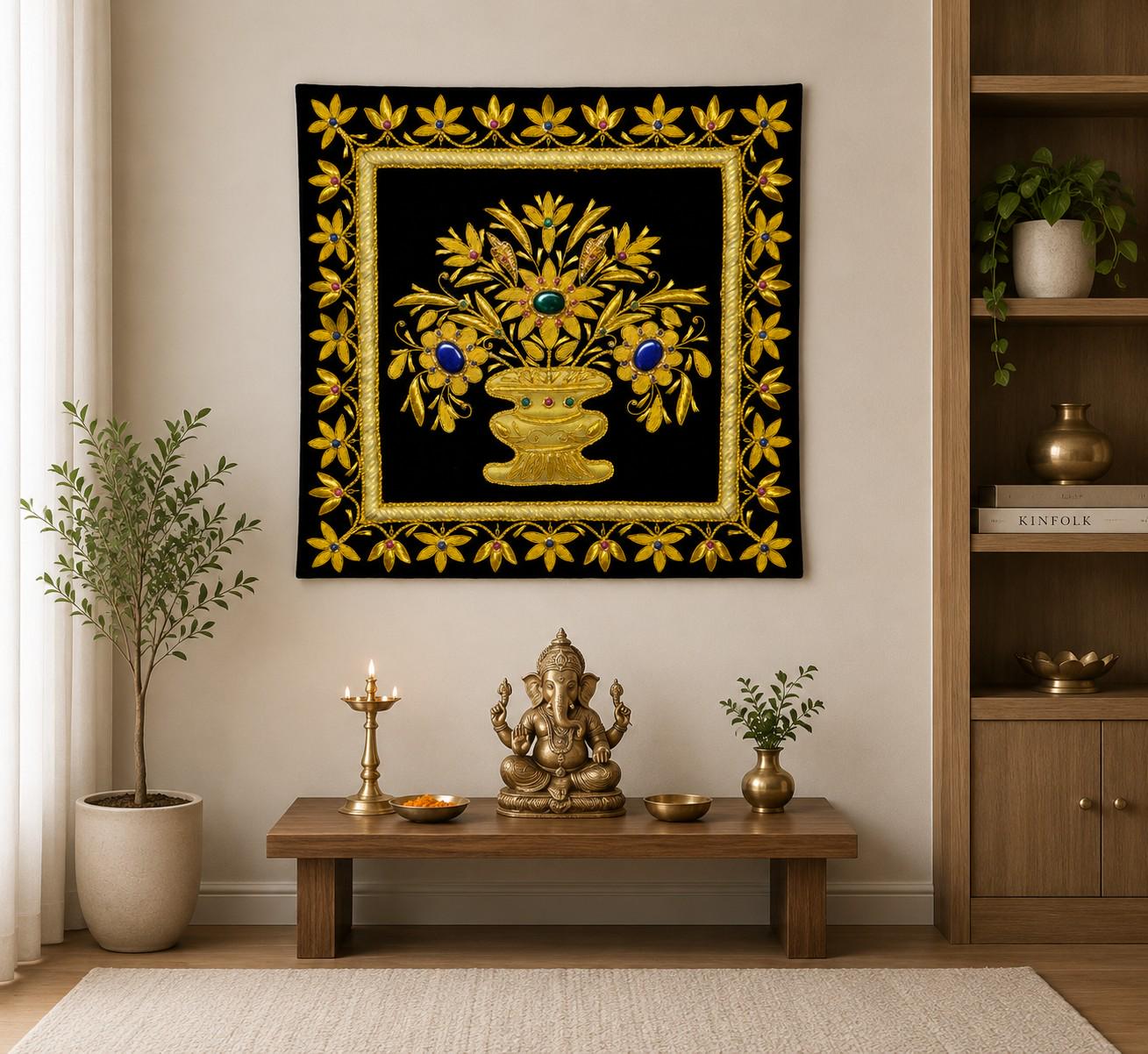 Floral Zardozi Tapestry, Gold Thread Embroidery, Jewel Embellished