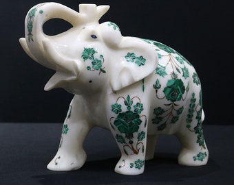 Decorative Trunk Up Elephant Sculpture, White Marble Elephant Figurine, Indian Marble Inlay Elephant, Handcrafted Elephant Collectible