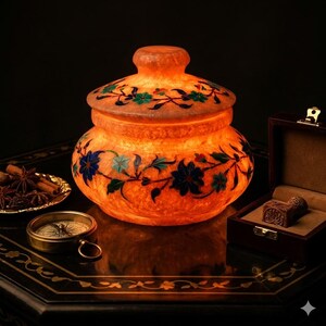 May include: An illuminated orange jar with a lid, decorated with blue and green floral patterns. The jar is on a dark surface, with a compass, spices, and a small wooden box. The jar's warm glow creates a cosy ambiance.