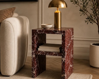 Rosso Levanto Marble Side Table Luxury Red Stone Nightstand