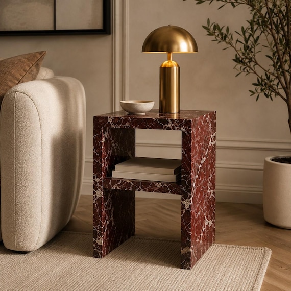 Rosso Levanto Marble Side Table Luxury Red Stone Nightstand