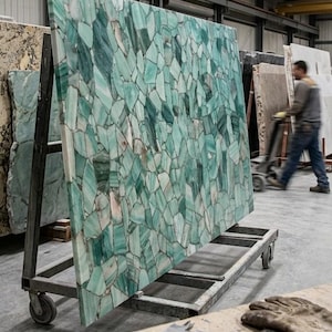 May include: Large, rectangular slab of green stone with a mosaic pattern, displayed on a metal cart with wheels. The stone has a mix of light and dark green hues. A person is seen in the background. A pair of work gloves and a caliper are in the foreground.