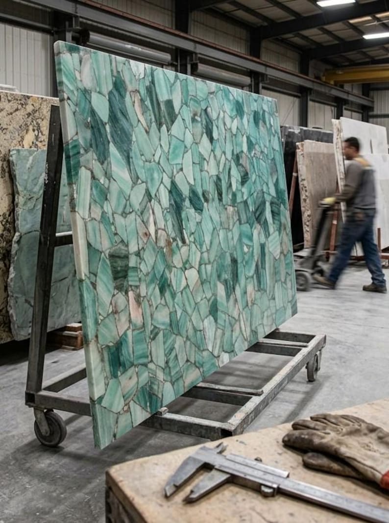 May include: Large, rectangular slab of green stone with a mosaic pattern, displayed on a metal cart with wheels. The stone has a mix of light and dark green hues. A person is seen in the background. A pair of work gloves and a caliper are in the foreground.