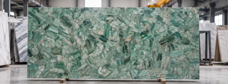 May include: Large rectangular slab of green stone with a mosaic-like pattern. The stone features varying shades of green and white, creating a textured appearance. The slab is displayed in a warehouse setting with other stone slabs in the background.