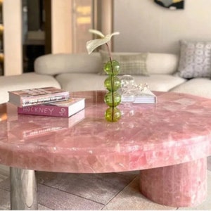 Natural Rose Quartz Stone Table, Round Rose Quartz Accent Table, Rose Quartz Centerpiece Table, Coffee Table, Healing Rose Quartz Table