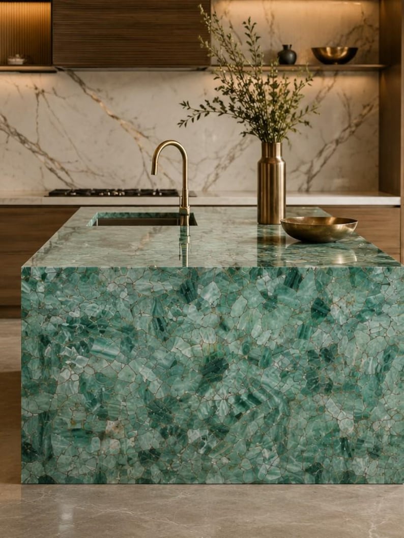 May include: A modern kitchen island with a vibrant green, mosaic-like countertop. A gold faucet and a brass vase with greenery add elegance. The background features a marble backsplash and wooden cabinetry, creating a luxurious aesthetic.