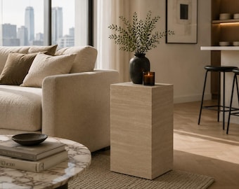 Travertine Plinth Side Table Modern Matte Stone Pedestal Column