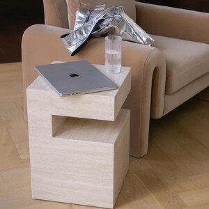 Travertine Accent Table with Storage, Modern Stone Side Table image 4