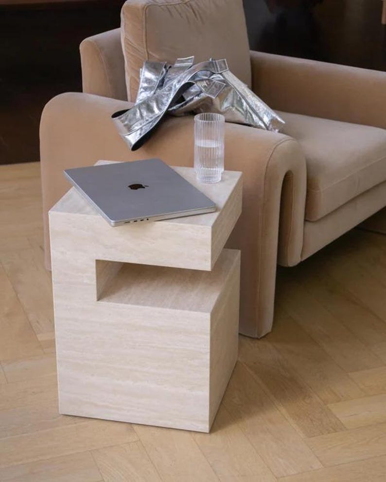 Travertine Accent Table with Storage, Modern Stone Side Table image 4