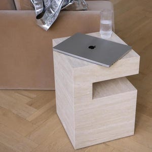Travertine Accent Table with Storage, Rustic Travertine Stone Table, Travertine Table for Modern Interiors, Functional Stone Side Table
