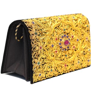 Gold Designer Clutch Bag, Silk Embroidered Party Clutch, Handcrafted Zardozi Handbag, Embellished Gold Clutch Purse, Statement Clutch Bag