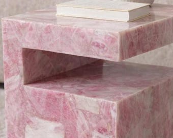 Rose Quartz Plinth Table, Healing Crystal Accent Furniture