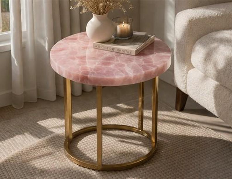 K&ouml;nnte beinhalten: Ein runder Beistelltisch mit einer rosa, strukturierten Oberfl&auml;che und goldfarbenen Metallbeinen. Eine wei&szlig;e Vase mit Trockenblumen, eine Kerze und ein Buch stehen auf dem Tisch. Der Tisch hat einen Durchmesser von ca. 46 cm.