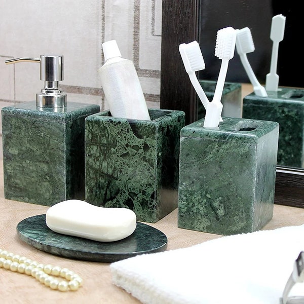 Natural Green Marble Bathroom Set, 4 Pcs. set, Soap Dispenser, Toothbrush Holder, Soap Dish, Bathroom Essentials, Bath Decor Gift Set