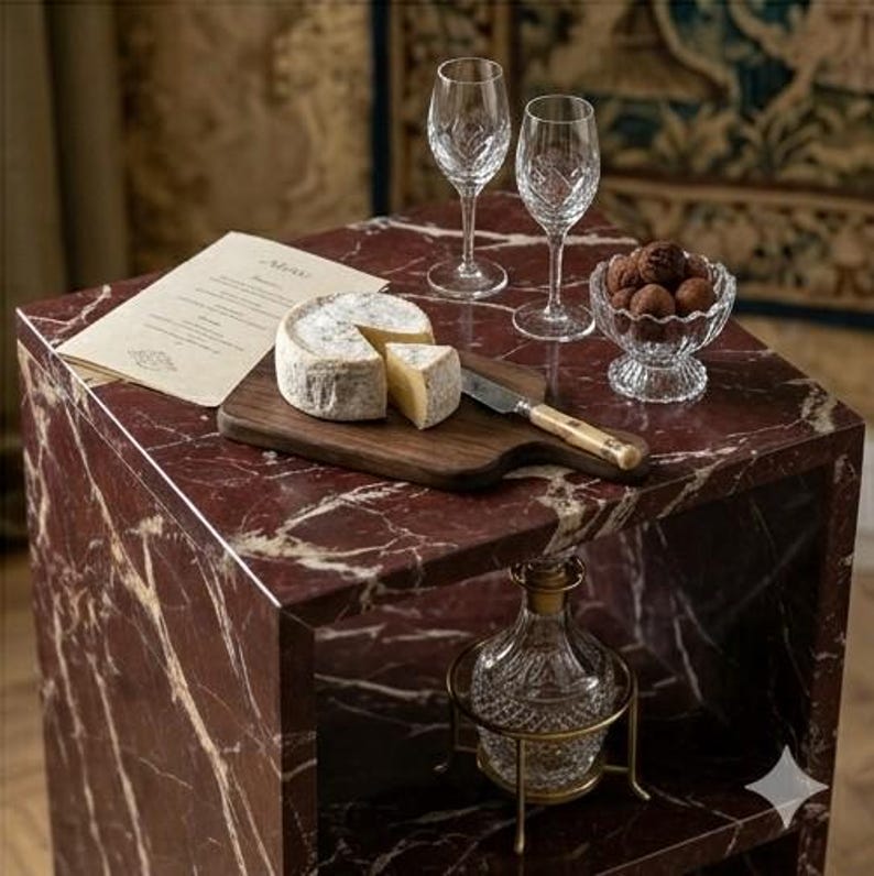 May include: A red marble side table with a cheese board, two wine glasses, and a small glass bowl of chocolate truffles. A decorative glass bottle with a gold metal stand sits below. A menu is on the table.
