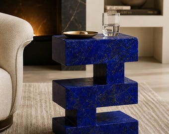 Mesita auxiliar escultural de lapislázuli - Mesita de noche de piedra azul con estantes