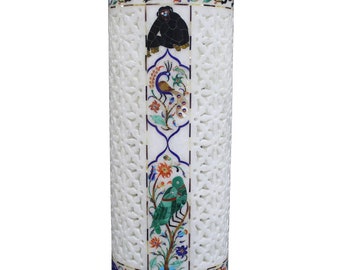 Unique marble inlay vase, decorative cyclindrical flower vase, filligree natural stone vase, handcarved floral vase, home & office decor