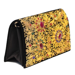 Designer Gold Embroidered Clutch Bag, Richly Embellished Zardozi Purse, Statement Gold Embroidered Bag, Exquisite Gold Threadwork Clutch
