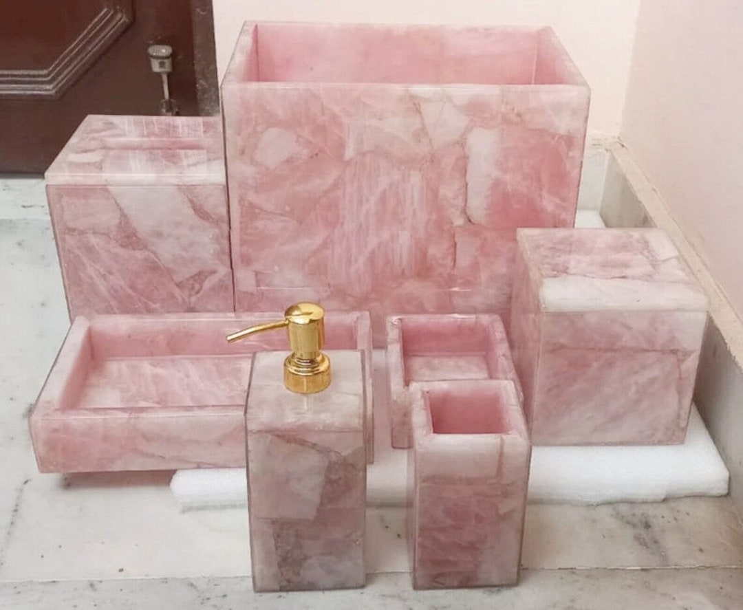 Luxury Bathroom Set With Rose Quartz, Decorative Rose Quartz Bath