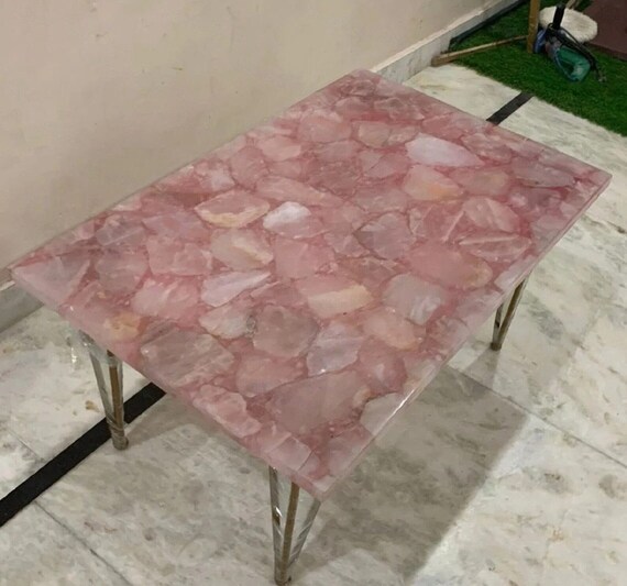 Handmade Rose Quartz Natural Agate Stone Table, Pink Agate Quartz Living Room Decor, Crystal Energy Furniture, Modern Crystal Coffee Table