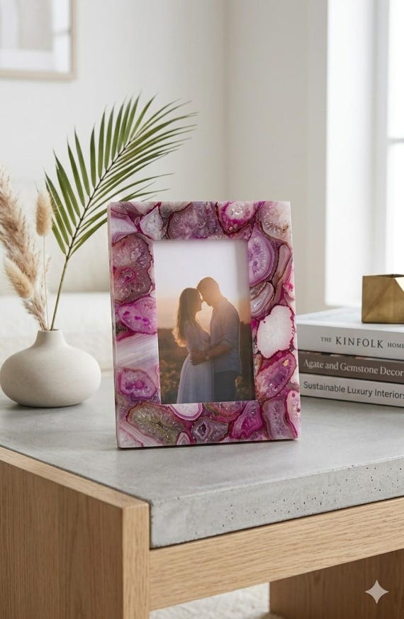 Natural Magenta Agate Picture Frame Luxury Crystal Gemstone Home