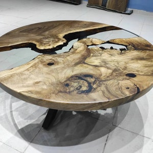 Natural Olive Wood Epoxy Resin Table, Live Edge Epoxy Coffee Table, Round Transparent Epoxy Resin Table, Epoxy Wood Table for Home Decor