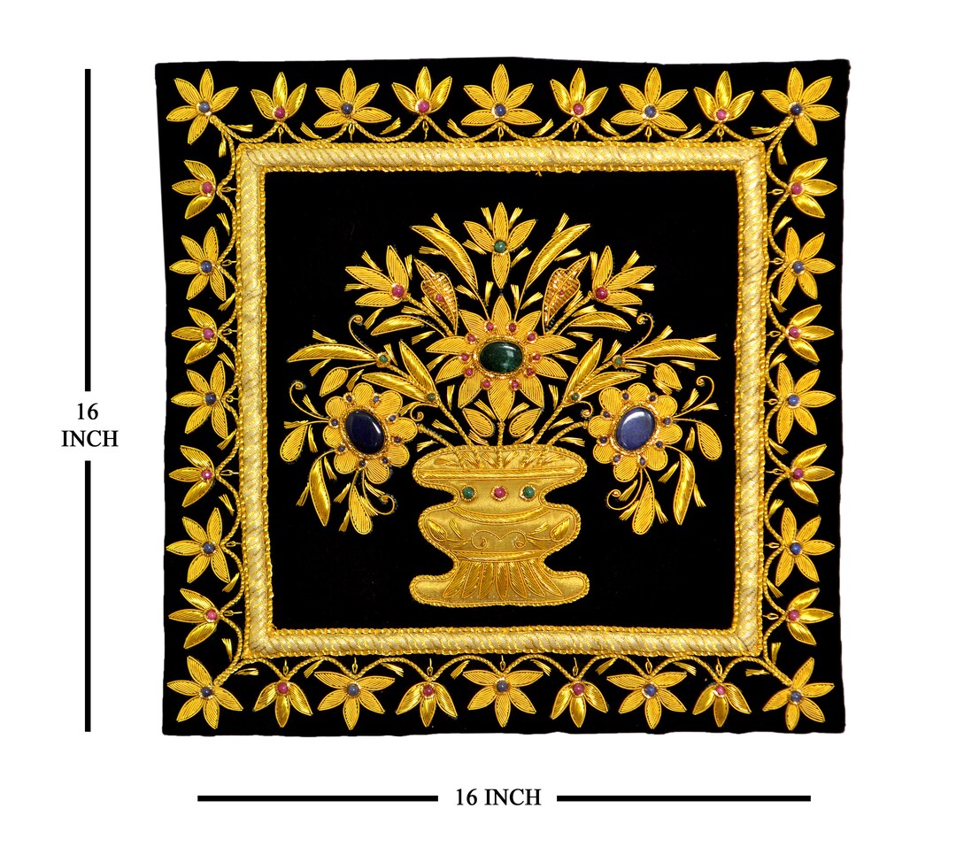 Floral Handembroidered Tapestry, Botanical Embroidery Wall Hanging, Indian Zardozi Tapestry