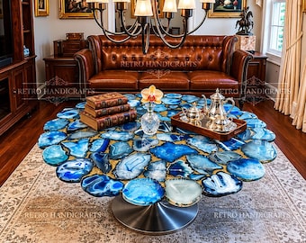 Surface de café en cristal de forme organique de table de luxe en agate bleue
