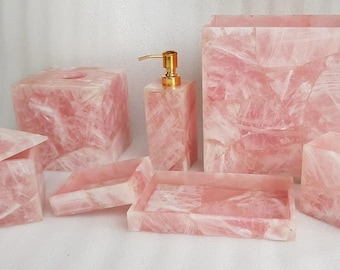 Natural Rose Quartz Agate 7 Pcs Bathroom Set, Pink Rose Quartz Agate Bath Set, Agate Stone Bath Ensemble, Rose Quartz Geode Bath Collection