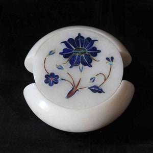 Floral Natural Marble Inlay Coasters, Handmade Marble Coasters, Tea Coasters with Holders, Tableware Drink Set, Wedding Favors Coasters