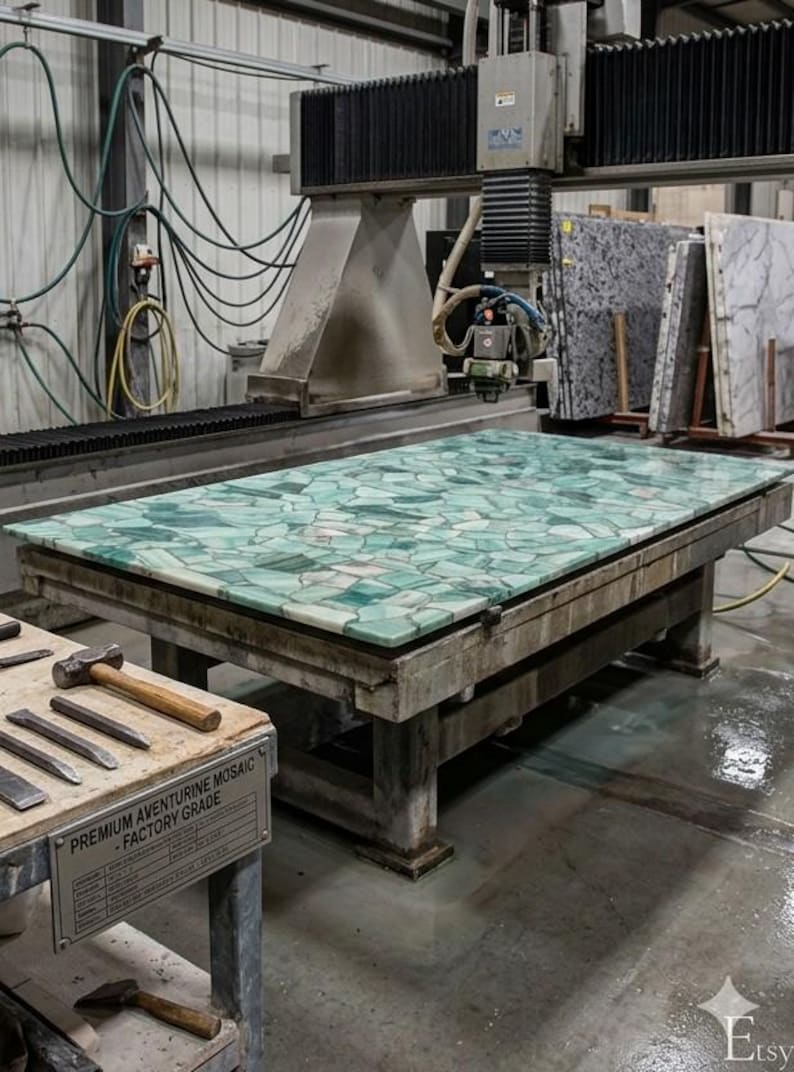 May include: A large, rectangular slab of green aventurine mosaic stone, likely for countertops or other surfaces, is being worked on by a large industrial machine. The stone is composed of many irregular pieces. A sign reads "Premium Aventurine Mosaic - Factory Grade."