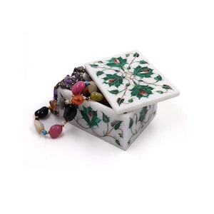 Malahchite Inlaid Floral Marble Jewelry Box, Handmade Decorative Keepsake Box, Antique Cigar Box, Jewelry Storage, Beautiful Gifting Ideas