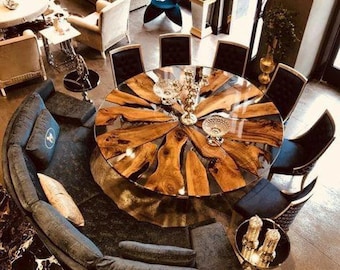 Round Epoxy Resin Dining Tabletop Live Edge Wood