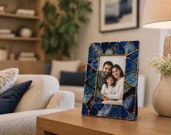 Blue Agate Picture Frame - Natural Geode Stone Frame with Gold Inlay