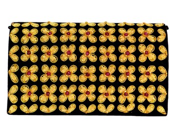 Luxury Black Velvet Evening Bag Embroidered With Copper Flowers, Hand Embroidered Clutch, OOAK Statement Purse, Zardozi Purse For Gifts