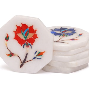 Marble Inlay Floral Pattern Coaster, Natural Stone Coaster, Tabletop Protection, Home Essentials, Coffee Coaster, Tea Coaster, Easy to Clean