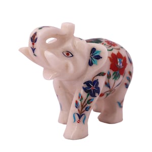 Hand-Carved White Marble Elephant, India Elephant Sculpture, Floral Elephant Figurine, Elephant Lover Gift, Trunk Up Good Luck Elephant