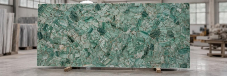 May include: Large rectangular slab of green and white stone, composed of irregular, interlocking pieces. The stone has a polished surface and is supported by wooden beams. The overall appearance is of a mosaic or a natural gemstone.