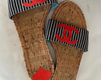 Vintage Chanel Stripe denim navy Summer Slides Orange CC Cork Sandals EU 39.5 US 8.5/9