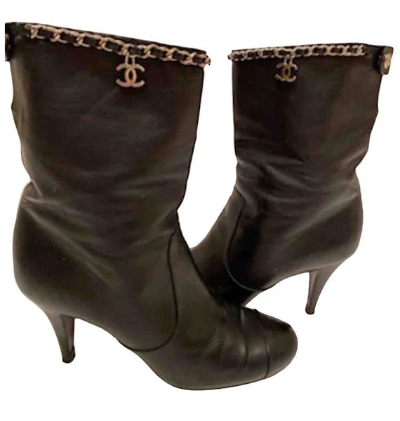 Chanel Black Leather Mid Length Calf CC Chain Logo Boots EU 39.5 US 8.5 9 Etsy