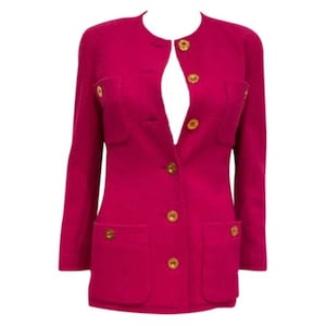 Vintage Chanel Boutique 1980’s-1990’s Bright Pink Boucle Wool Long Jacket FR 36