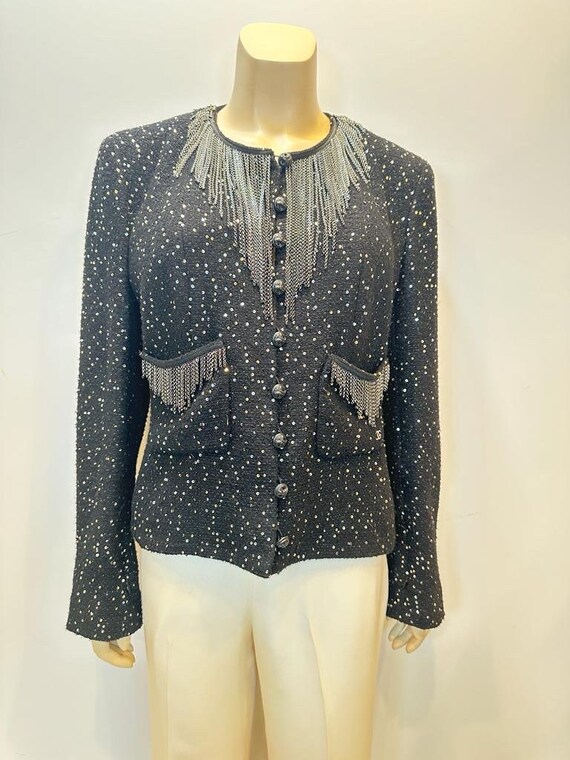 Very Rare Chanel 02A Chain Fringe Owl Buttons Black Jacket