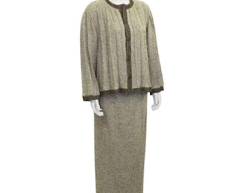 Chanel Vintage 98A, 1998 Fall Tweed Pleated Beige Taupe Jacket Maxi Skirt Set US 4/6