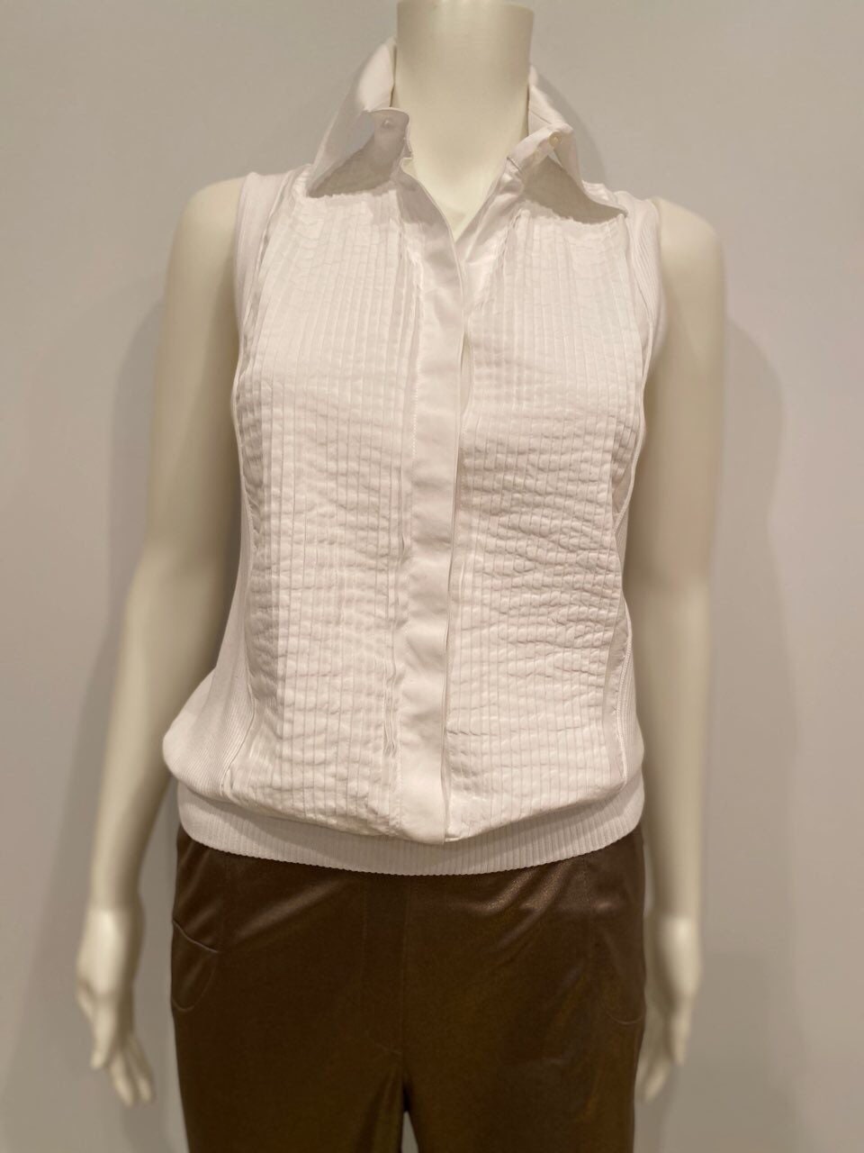 Chanel White Pleated Collar Cotton Top Blouse FR 42 