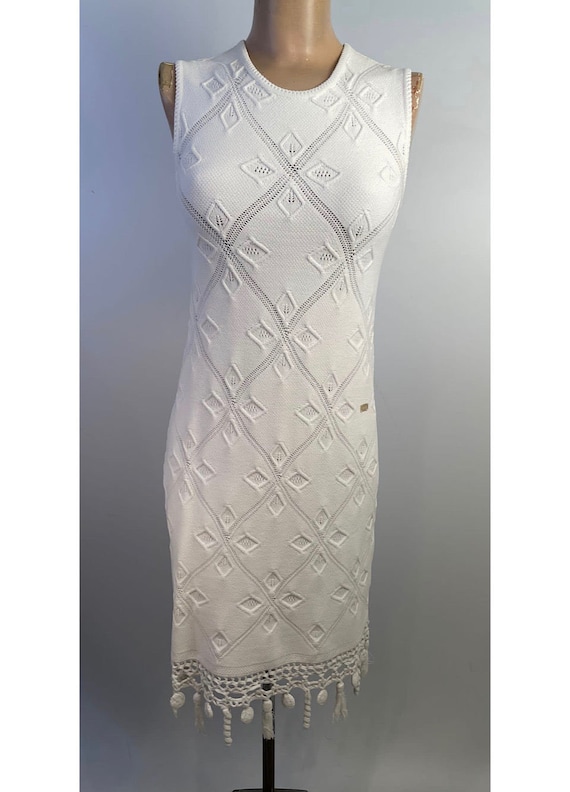 white christmas dresses Chanel 23C Runway MONTE CARLO WHITE CROCHET KNIT MACRAME DRESS 38FR
