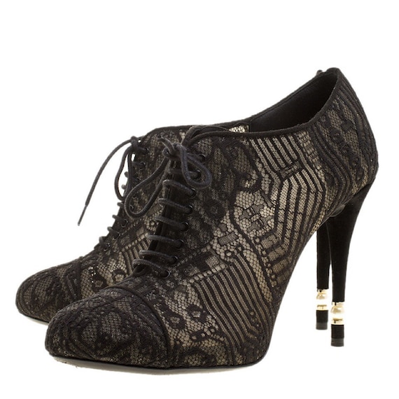 Chanel Short Ankle Boot Bootie Black Lace Mesh Pearl High 
