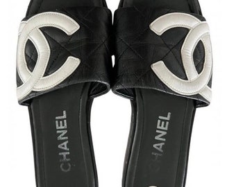 Vintage Chanel Black and White Quilted Leather Cambon Slides US 5