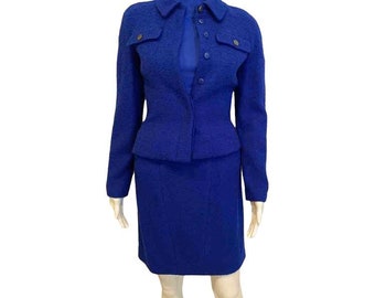 Vintage Chanel Boutique 97A 1997 Fall Royal Blue wool boucle Skirt Suit Jacket Set FR 36 US 2/4