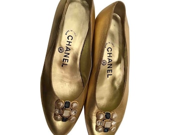 Vintage Chanel Metallic Gold Gripoix Perlen Ballett Ballerinas Schuhe EU 36 US 5 / 5.5