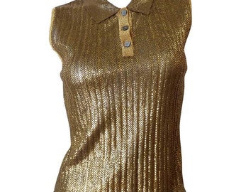 Vintage Chanel 2001, 01C Cruise Resort Sleeveless Gold Metallic Collar Polo Top Blouse FR 44